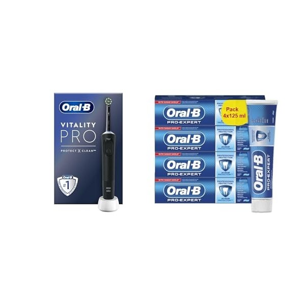 Oral-B Vitality Pro Brosse À Dents Électrique Noire, 1 Brossette + Pack de 4 4 x 125 ml Dentifrice Pro-Expert Protection Pr