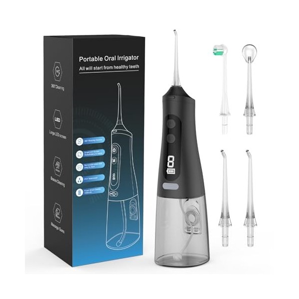 Hydropulseur pour le nettoyage des dents - 9 modes - Irrigateur buccal rechargeable - 4 embouts - Batterie puissante - Pics d