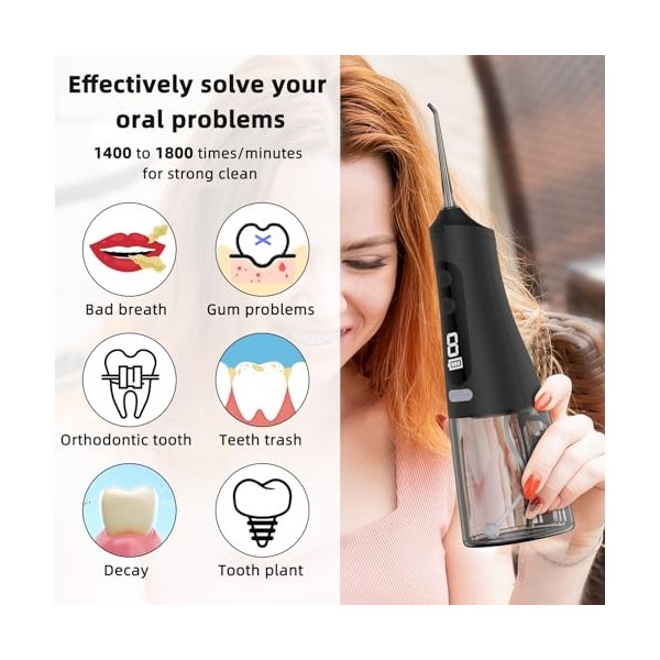 Hydropulseur pour le nettoyage des dents - 9 modes - Irrigateur buccal rechargeable - 4 embouts - Batterie puissante - Pics d