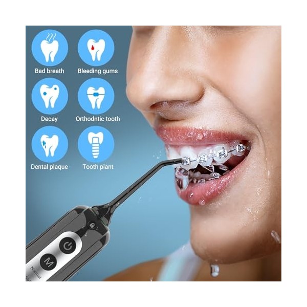 Hydropulseur dentaire électrique avec 4 modes et 6 pointes de jet, 300 ml, nettoyant dentaire à jet deau doux avec gencives,