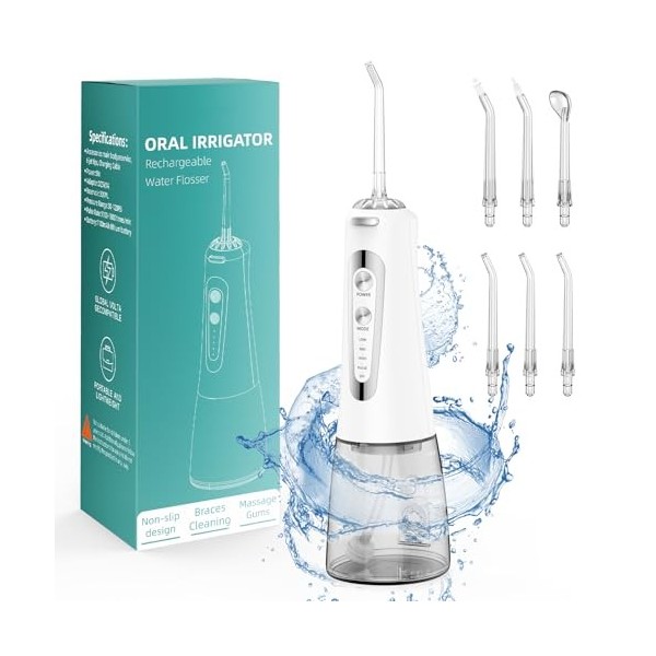 Jet Dentaire Hydropulseur Portable, Jet Dentaire Sans Fil Rechargeable avec 5 Mode set 6 Buses Capacité de 300 ML IPX7 Étanch