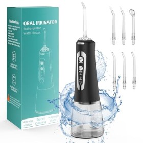 Jet Dentaire Hydropulseur Portable, Jet Dentaire Sans Fil Rechargeable avec 5 Mode set 6 Buses Capacité de 300 ML IPX7 Étanch