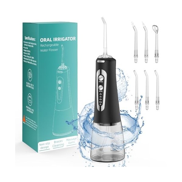 Jet Dentaire Hydropulseur Portable, Jet Dentaire Sans Fil Rechargeable avec 5 Mode set 6 Buses Capacité de 300 ML IPX7 Étanch