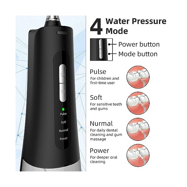 Hydropulseur pour le nettoyage des dents sans fil, portable, rechargeable, lrrigator buccal 4 modes, 4 embouts puissante auto