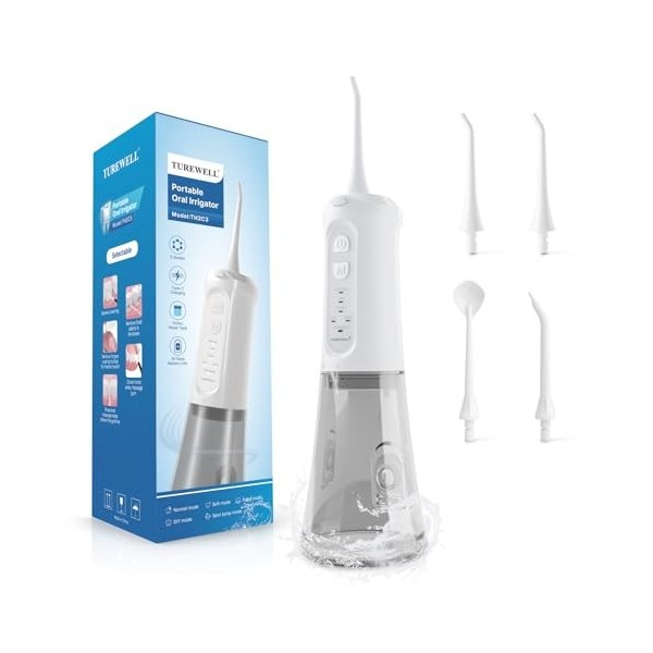 TUREWELL Jet Dentaire Hydropulseur Portable 310 ML avec 5 Modes, 4 Buses, Rechargeable Hydropulseur Dentaire Étanche IPX7 Pou...