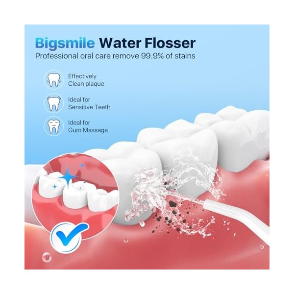 Bigsmile Hydropulseur dentaire, 200 ml, rechargeable, étanche IPX7, machine à fil dentaire, maintient efficacement la propret
