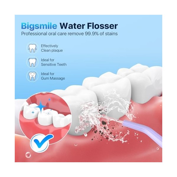 Bigsmile Hydropulseur dentaire sans fil avec 3 modes, 200 ml, portable, rechargeable, étanche IPX7, maintient efficacement la