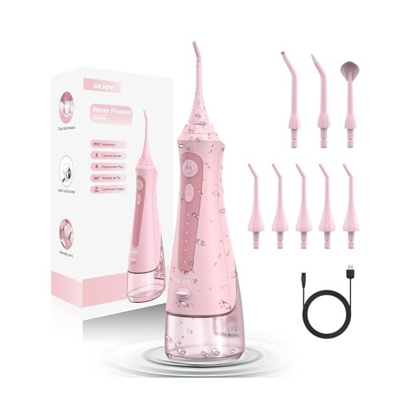 Sejoy Hydropulseur dentaire électrique sans fil - Irrigateur oral - Nettoyage des dents - 8 buses de rechange - 5 modes - Éta