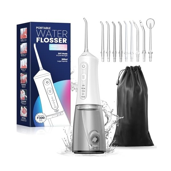 JTF Hydropulseur dentaire électrique sans fil - 5 modes et 9 buses USB-C - Rechargeable - Étanchéité IPX7 - Pour le nettoyage