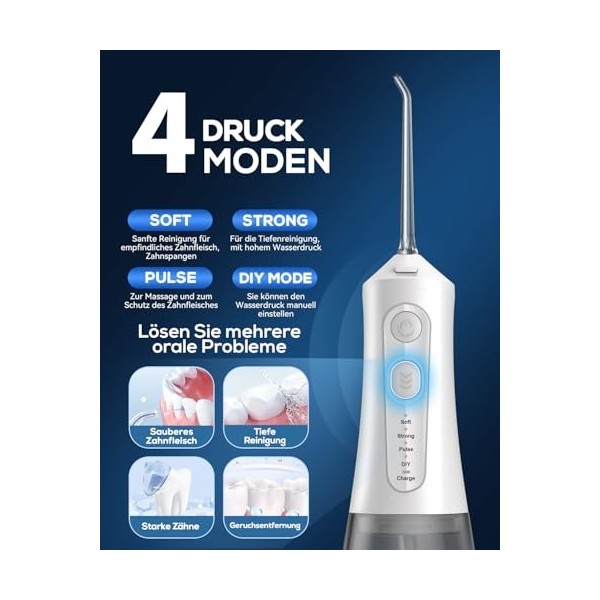 JTF Hydropulseur dentaire électrique sans fil - 5 modes et 9 buses USB-C - Rechargeable - Étanchéité IPX7 - Pour le nettoyage