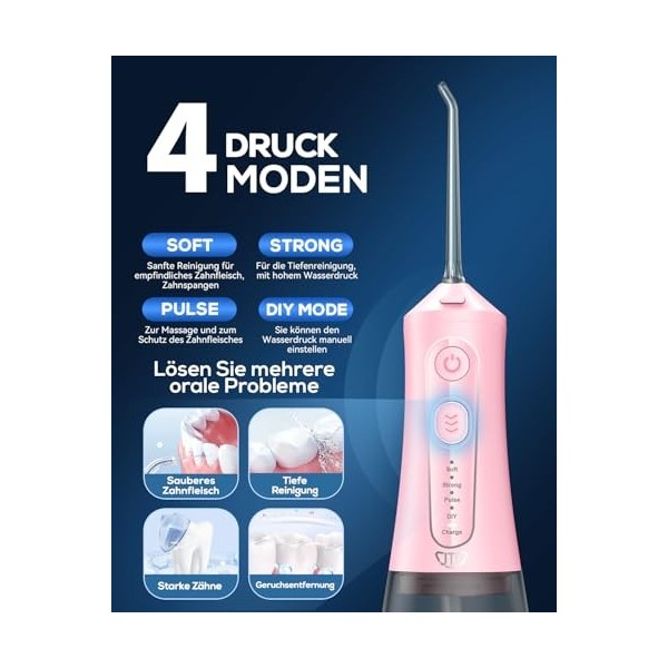 JTF Hydropulseur dentaire électrique sans fil - 5 modes et 9 buses USB-C - Rechargeable - Étanchéité IPX7 - Pour le nettoyage