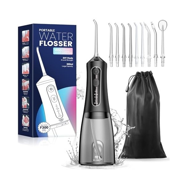 JTF Hydropulseur dentaire électrique sans fil - 5 modes et 9 buses USB-C - Rechargeable - Étanchéité IPX7 - Pour le nettoyage