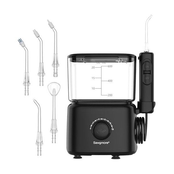 Sawgmore Hydropulseur dentaire électrique avec 10 niveaux de pression réglables, capacité de 600 ml, irrigateur oral avec 5 e