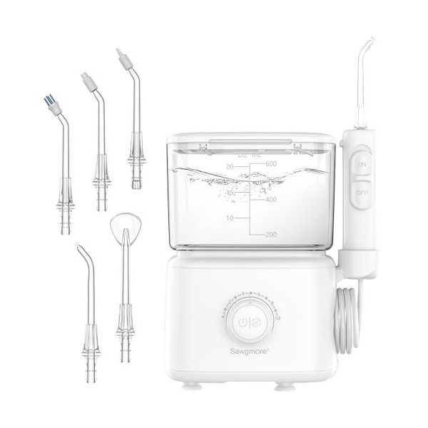 Sawgmore Hydropulseur dentaire électrique avec 10 niveaux de pression réglables, capacité de 600 ml, irrigateur oral avec 5 e...