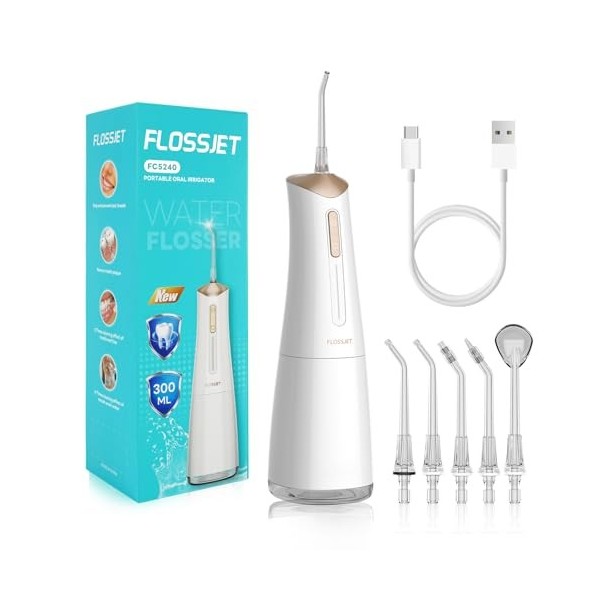 FlossJet Jet Dentaire Hydropulsuer Professionnel Irrigateur Oral de 300ML 5 Buses 4 Modes USB Chargé Étanche IPX7 Jet Dentair