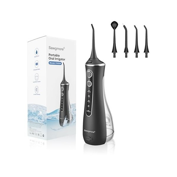 Sawgmore Jet Dentaire Hydropulseur, Irrigateur Oral Professionnel avec 4 Modes et 4 Buses de Rechange, Rechargeable USB, Étan