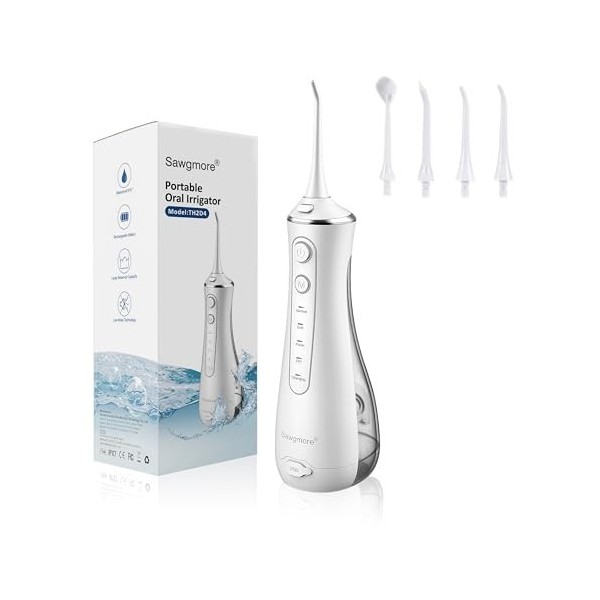 Sawgmore Jet Dentaire Hydropulseur, Irrigateur Oral Professionnel avec 4 Modes et 4 Buses de Rechange, Rechargeable USB, Étan
