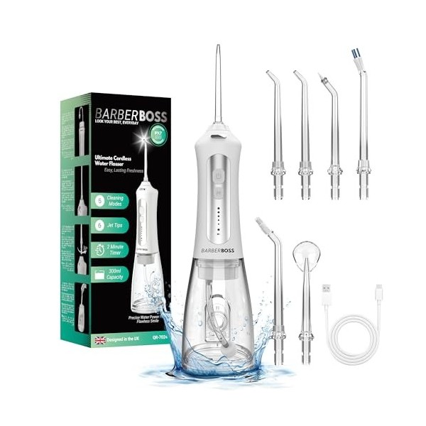 BarberBoss Hydropulseur, éliminateur de plaque dentaire, Hydropulseur électrique, Irrigateur dentaire avec 5 embouts jet et m