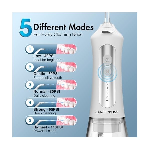 BarberBoss Hydropulseur, éliminateur de plaque dentaire, Hydropulseur électrique, Irrigateur dentaire avec 5 embouts jet et m