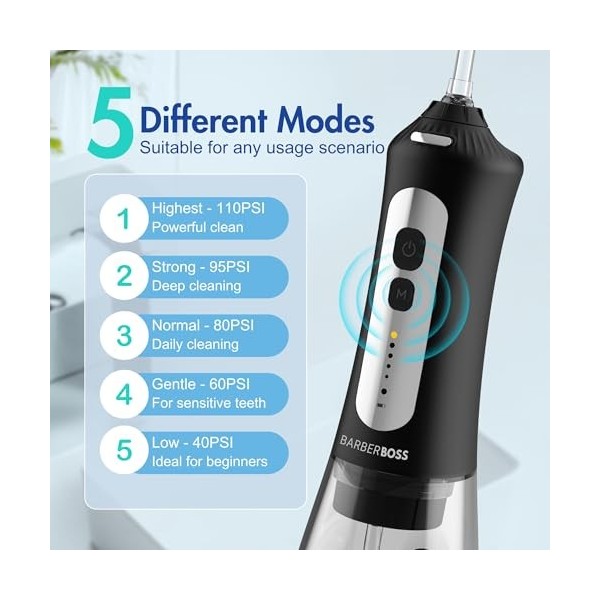 BarberBoss Hydropulseur, Irrigateur buccal portable, Hydropulseur dentaire électrique, Kit de nettoyage des dents, Hydropulse