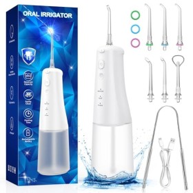 Jet Dentaire Hydropulseur - 310 ML Portable Sans Fil Irrigateur Dentaire Rechargeable Hydropulseur Dentaire, 6 Embouts, USB C