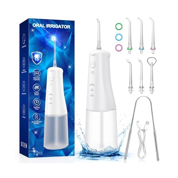 Jet Dentaire Hydropulseur - 310 ML Portable Sans Fil Irrigateur Dentaire Rechargeable Hydropulseur Dentaire, 6 Embouts, USB C