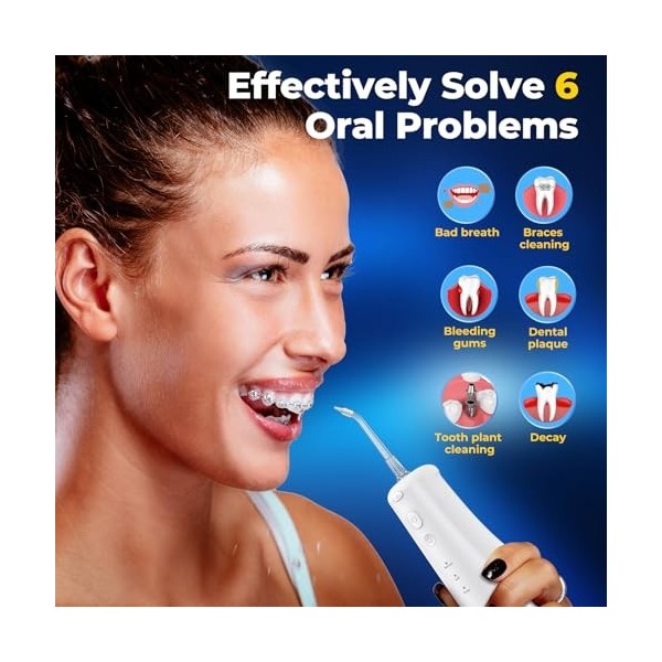 Jet Dentaire Hydropulseur - 310 ML Portable Sans Fil Irrigateur Dentaire Rechargeable Hydropulseur Dentaire, 6 Embouts, USB C