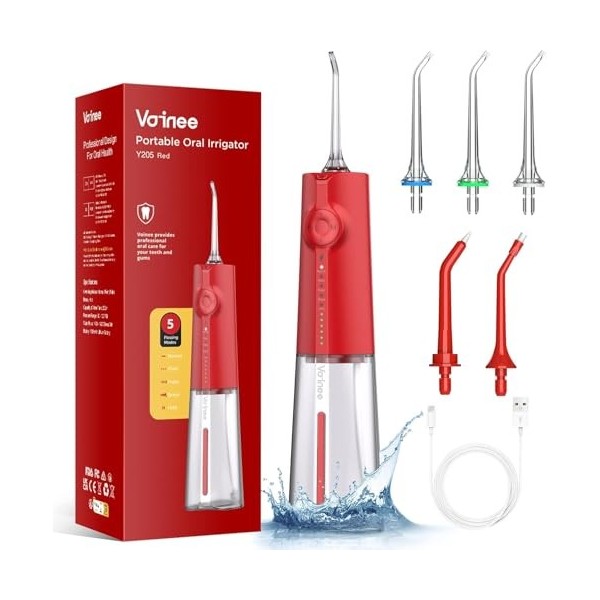 Hydropulseur dentaire sans fil pour nettoyage des dents, fonctionnement à un bouton, 6 intensités deau, 5 embouts IPX7, long