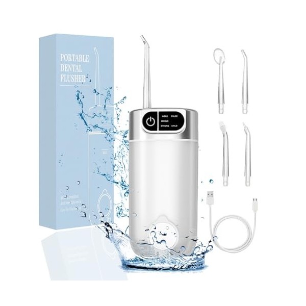 Jet Dentaire Hydropulseur Portable, 300 ML Water Flosser avec 5 Modes de Pression deau et 4 Embouts Remplaçables Étanche IPX