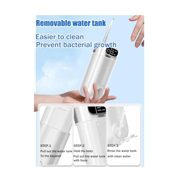 Jet Dentaire Hydropulseur Portable, 300 ML Water Flosser avec 5 Modes de Pression deau et 4 Embouts Remplaçables Étanche IPX