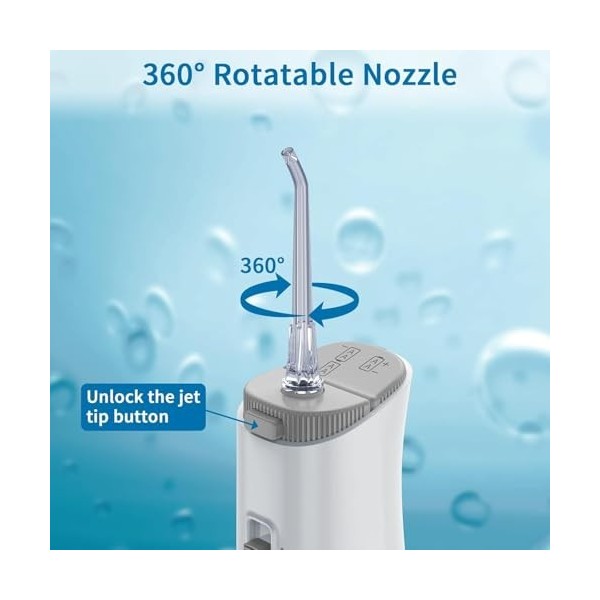 Sawgmore Hydropulseur dentaire électrique sans fil avec 4 buses, rotatif à 360 °, étanche IPX6, à piles, pour voyages/famille