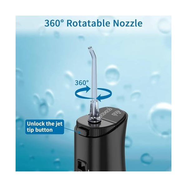 Sawgmore Hydropulseur dentaire électrique sans fil avec 4 buses, rotatif à 360 °, étanche IPX6, à piles, pour voyages/famille