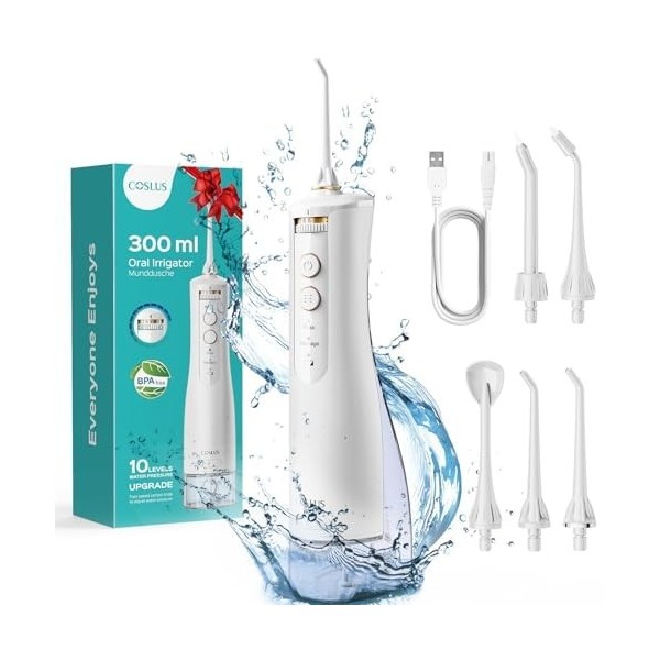 COSLUS Hydropulseur jet Dentaire Portable Dentaire Irrigateur Oral, 300 ML Sans Fil Hydropulseur 10 niveaux de contrôle doux,