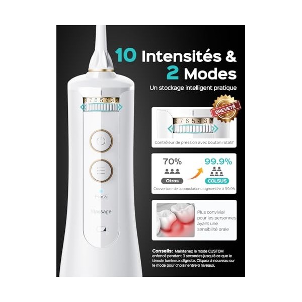 COSLUS Hydropulseur jet Dentaire Portable Dentaire Irrigateur Oral, 300 ML Sans Fil Hydropulseur 10 niveaux de contrôle doux,
