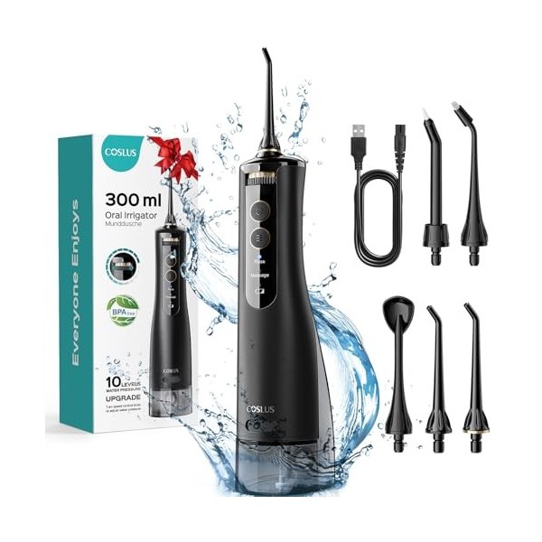 COSLUS Hydropulseur jet Dentaire Portable Dentaire Irrigateur Oral, 300 ML Sans Fil Hydropulseur 10 niveaux de contrôle doux,