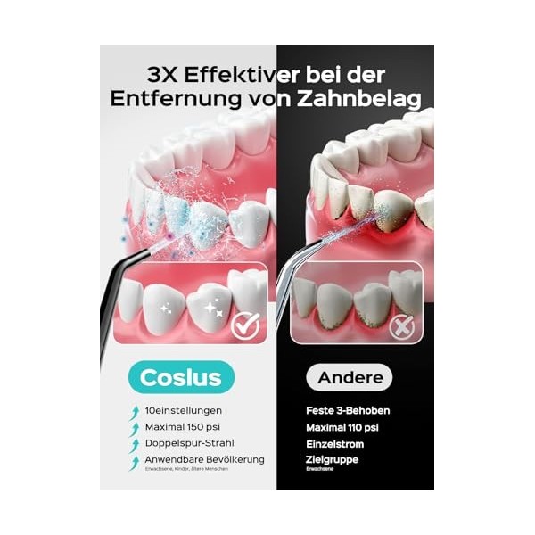 COSLUS Hydropulseur jet Dentaire Portable Dentaire Irrigateur Oral, 300 ML Sans Fil Hydropulseur 10 niveaux de contrôle doux,
