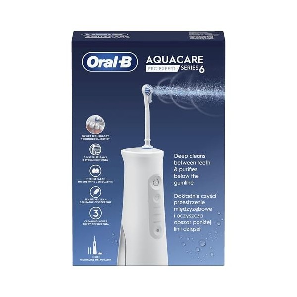 Oral-B AquaCare Pro-Expert Série 6 Irrigateur avec Technologie Oxyjet, 3 Embouts, 2 Types De Flux Deau, Blanc