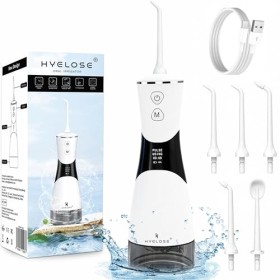 Hyelose Jet Dentaire Hydropulseur - IPX7 Étanche, 350ml, 5 Modes & 5 Embouts - Soin Complet des Dents, Langue, Gencives Sensi