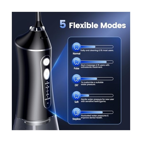 Hydropulseur dentaire sans fil, portable, pulsation de 0,6 mm avec 5 modes, 320 ml et étanchéité IPX7 pour dents/gencives/lan