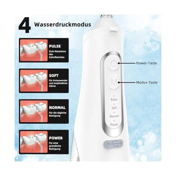 Hydropulseur dentaire électrique puissant 4 modes et 4 buses Hydropulseur sans fil IPX7 étanche