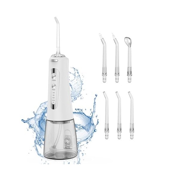 Jet Dentaire Hydropulseur Portable, Jet Dentaire Sans Fil Rechargeable avec 5 Mode set 6 Buses Capacité de 300 ML IPX7 Étanch