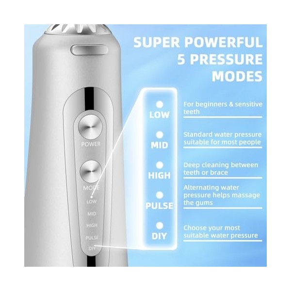 Jet Dentaire Hydropulseur Portable, Jet Dentaire Sans Fil Rechargeable avec 5 Mode set 6 Buses Capacité de 300 ML IPX7 Étanch