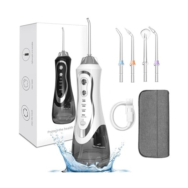 EVISTR Hydropulseur dentaire électrique pour les dents - Irrigateur oral sans fil 300 ml - 4 embouts - Pour la maison, les vo