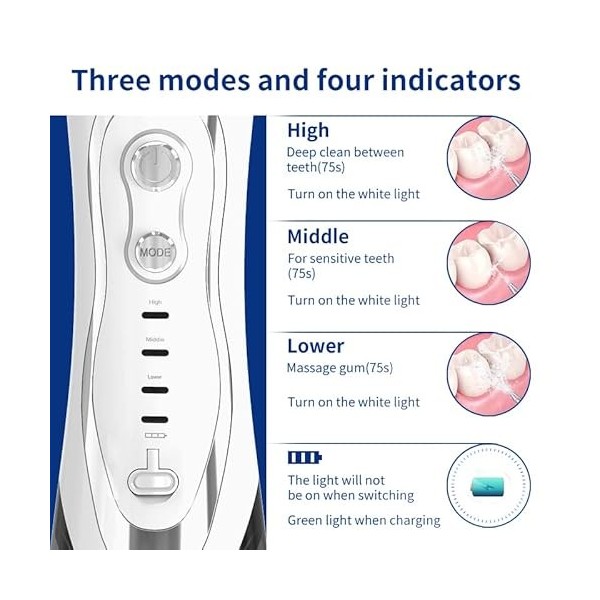 EVISTR Hydropulseur dentaire électrique pour les dents - Irrigateur oral sans fil 300 ml - 4 embouts - Pour la maison, les vo