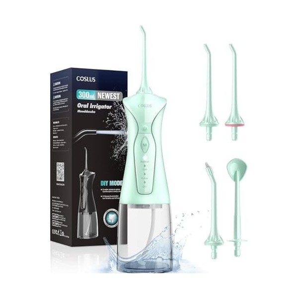 COSLUS Hydropulseur jet Dentaire Portable: 4 Modes Hydropulseur et Irrigateurs Oral, Réservoir deau 300 ml Hydropulseur Vain