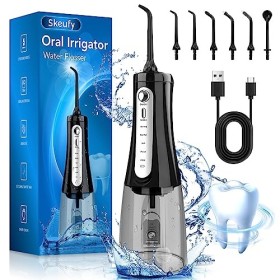 Skeufy Hydropulseur dentaire sans fil, portable avec 5 modes, étanchéité IPX8 et réservoir deau de 300 ml, nettoyage en prof