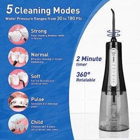 Skeufy Hydropulseur dentaire sans fil, portable avec 5 modes, étanchéité IPX8 et réservoir deau de 300 ml, nettoyage en prof