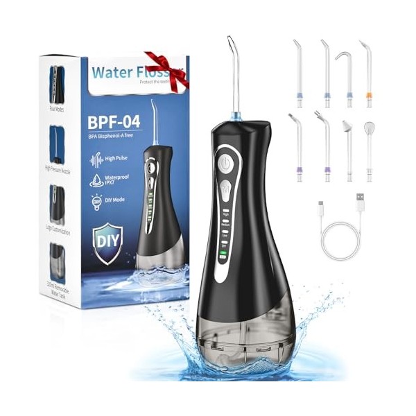 Jet Dentaire Hydropulseur Portable, 320 ML Water Flosser Réservoir avec 3+DIY Modes et 8 Buses Detartreur Dentaire, USB Recha
