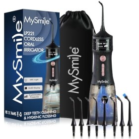 MySmile Hydropulseur dentaire sans fil puissant avec 5 modes daffichage OLED, 8 embouts de jet remplaçables et réservoir de