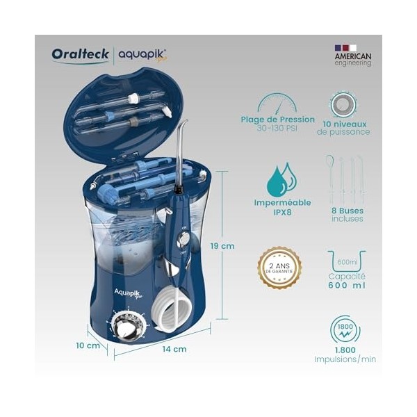 Aquapik Pro, Irrigateur Dentaire Professionnel. Comprend : 8 buses, 10 niveaux de puissance. Capacité 600 ml Le cadeau compre